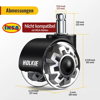Kolečka na kancelářské židle HOLKIE 11mm, balení po 5 kusech, šedá gumová kolečka pro kancelářské