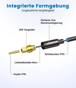 Optický audio kabel 1M, pravoúhlý optický kabel Toslink s pozlacenými konektory, 90stupňová rotace