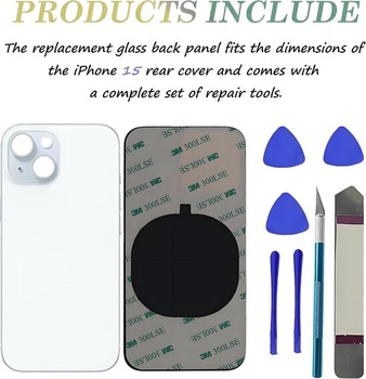 Náhradný zadný kryt Alovexiong pre iPhone 15, s vopred naneseným lepidlom + opravná sada, modrý