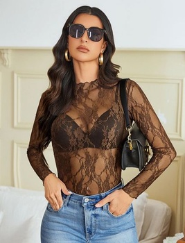 Dámská elegantní krajková halenka s dlouhým rukávem, sexy průsvitný top Avidlove, velikost L, hnědá