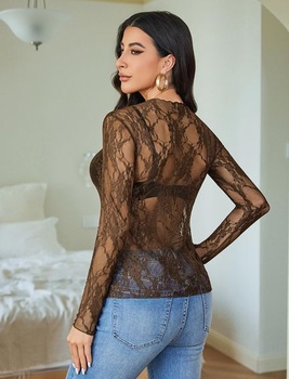 Dámská elegantní krajková halenka s dlouhým rukávem, sexy průsvitný top Avidlove, velikost L, hnědá