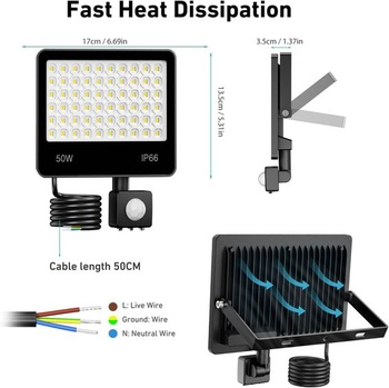LED reflektor s pohybovým senzorem, venkovní, 50W - 5000LM, 6500K studená bílá. LED bodové světlo s
