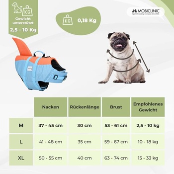 Mobiclinic®, Záchranná vesta pre psov, dizajn žraločej plutvy, záchranná rukoväť, nastaviteľný