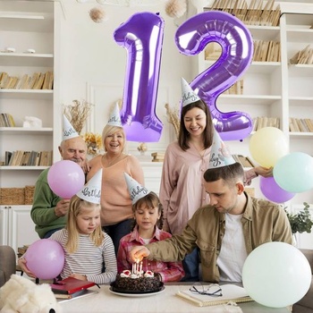 Fialový balónik číslo 12, fialový balónik s číslom, 40-palcový fóliový balónik 1 a 2, balónik s
