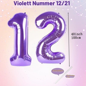 Fialový balónek číslo 12, fialový balónek s číslem, 40palcový fóliový balónek 1 a 2, balónek s