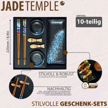 Keramická sada na sushi JADE TEMPLE s miskou na dip a hůlkami - 1 sada, modrá