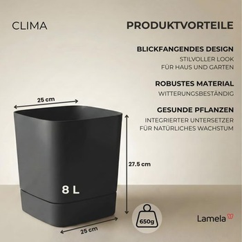 LAMELA Štvorcový kvetináč s integrovaným tanierikom - 25 x 25 cm x V 27,5 cm, 8 l - Ľahký a