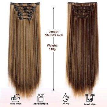 Clip-in prodlužování vlasů, rovné, sada 6 kusů, 55 cm, levné syntetické dlouhé clip-in prodlužování