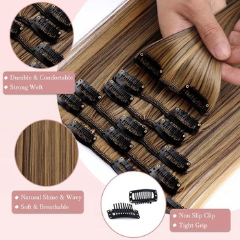 Clip-in prodlužování vlasů, rovné, sada 6 kusů, 55 cm, levné syntetické dlouhé clip-in prodlužování