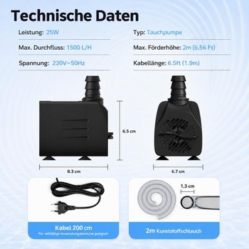 Akvarijní čerpadlo, fontánové čerpadlo, 25W 1500L/H malé vodní čerpadlo, 3 trysky, ultratiché