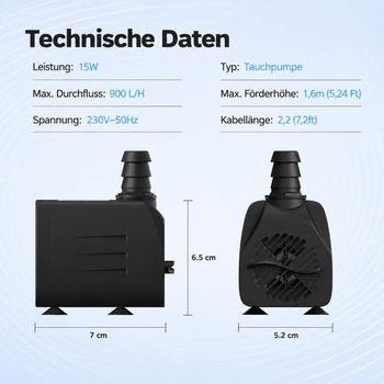 Akvarijní čerpadlo, venkovní čerpadlo do jezírka, malé vodní čerpadlo 15W 900L/H, 2 trysky pro