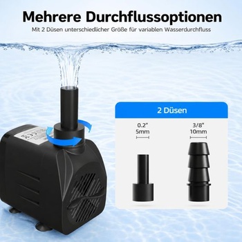 Akvarijní čerpadlo, venkovní čerpadlo do jezírka, malé vodní čerpadlo 15W 900L/H, 2 trysky pro
