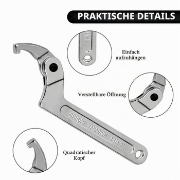 Hákový kľúč 210 mm, drážkovaný kľúč na matice z vysoko uhlíkovej ocele, nastaviteľný hákový kľúč,