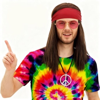 5dielny hippie kostým pre mužov v štýle 70. rokov, vrátane hippie tričká, parochne, okuliarov, náhrdelníku s