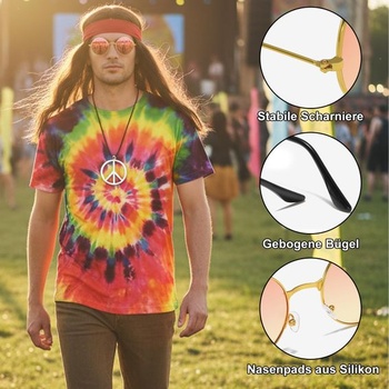 5dielny hippie kostým pre mužov v štýle 70. rokov, vrátane hippie tričká, parochne, okuliarov, náhrdelníku s