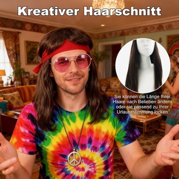 5dielny hippie kostým pre mužov v štýle 70. rokov, vrátane hippie tričká, parochne, okuliarov, náhrdelníku s