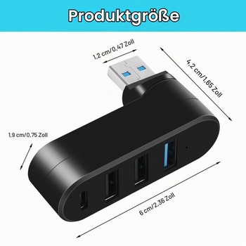 4portový USB 3.0 Hub, 3x USB-A + 1x USB-C, USB rozbočovač, otočný o 90 ° / 180 ° - pre notebooky,