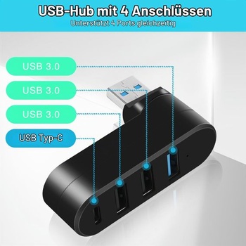 4portový USB 3.0 Hub, 3x USB-A + 1x USB-C, USB rozbočovač, otočný o 90 ° / 180 ° - pre notebooky,