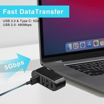 4portový USB 3.0 Hub, 3x USB-A + 1x USB-C, USB rozbočovač, otočný o 90 ° / 180 ° - pre notebooky,