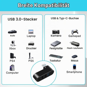 4portový USB 3.0 Hub, 3x USB-A + 1x USB-C, USB rozbočovač, otočný o 90 ° / 180 ° - pre notebooky,