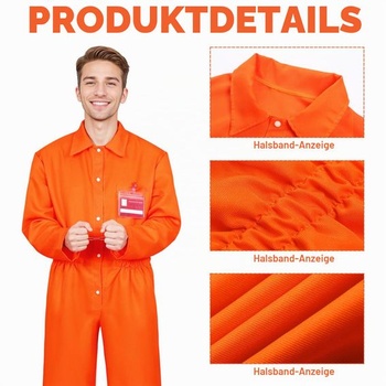 Pánsky kostým väzňa, oranžový overal s informačnou tabuľou, puzdrom na karty a putami, halloweensky