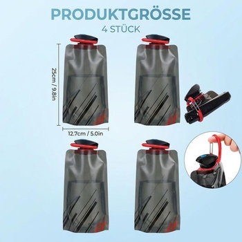 4dielna skladacia fľaša na vodu 700ml, čierne puzdro na pitie, festivalová sada pre outdoorové