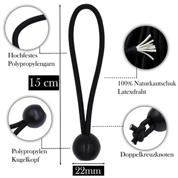 Bungee šnúry s guličkou, 12 kusov, 15 cm; Napínače plachty s guličkou, čierne; Čierna, 15 cm, 12 kusov