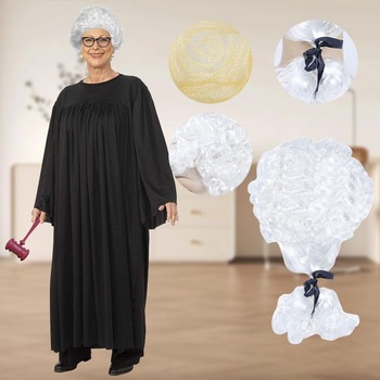 Pánska biela parochňa sudca, kučeravá parochňa právnika a plastové kladivo, rekvizity na halloweensky