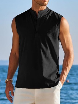 Pánské letní tílko, bez rukávů, styl henley, ležérní plážové tričko, košile s potiskem, lehký top