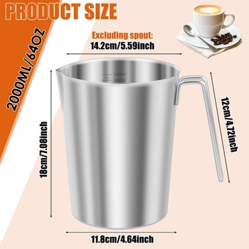 Odmerka z nerezovej ocele s objemom 2 l s rukoväťou a nalievacím hrdlom, strieborná (2000 ml)