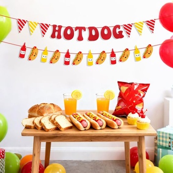 Dekorácie na hot dogy, bannery na párky v rožku, vlajky na párky v rožku, dekorácie na fľaše s