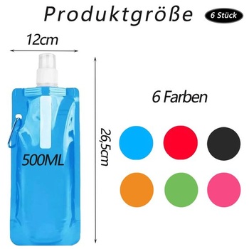 Skladacie fľaše na vodu Catelves 6 500 ml, bez BPA, s klipom, viacfarebné, 6 kusov - červená, zelená,