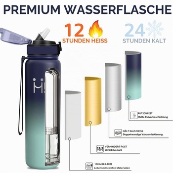 Termoska, láhev na vodu 1 l, bez BPA, sportovní láhev na vodu, s brčkem, nepropustná, dvoustěnná