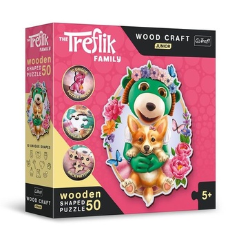 Trefl – Dřevěné konturové puzzle: Rodina Trefliků, Zábavné Trefliky – 50 dílků, Dřevěné tvoření