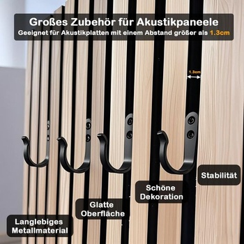 Sada 10 háčků na akustické panely, robustní kovové háčky na kabáty, černé