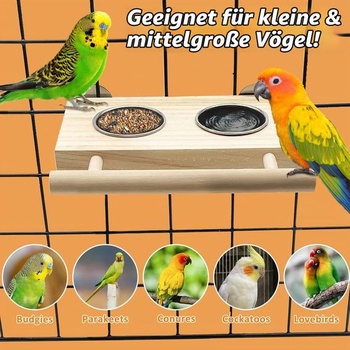 Krmivo pre vtáky Kathson, nerezové kelímky, drevený stojan na bidielka, závesné misky, príslušenstvo
