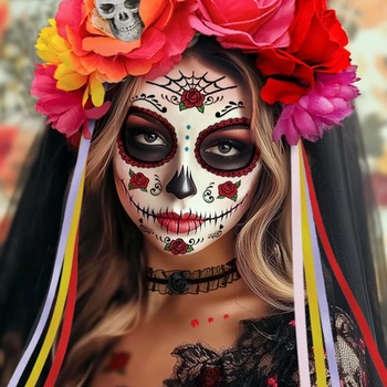 Halloweenská čelenka BOYATONG ke Dni mrtvých pro ženy, mexický Den mrtvých, lebka, květinový závoj,