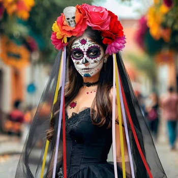 Halloweenská čelenka BOYATONG ke Dni mrtvých pro ženy, mexický Den mrtvých, lebka, květinový závoj,