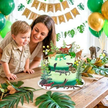 Dekorácia na torty s plazy a safari zvieratami, sada listov na dekoráciu torty, zelená