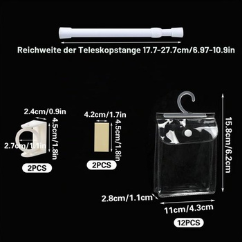12 priehľadných úložných tašiek na oblečenie pre bábiky s teleskopickou tyčou, kompatibilných s
