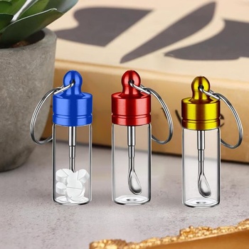 3dielna sada na šnupavý tabak, mini sklenené dózy o výške 6 cm s krúžkom na kľúče (červený, zlatý,