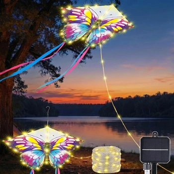 Solárne reťazové svetlá Geemoo Vonkajšie, 5M 174LED motýlí drak solárne reťazové svetlá, 8 režimov,