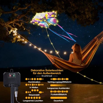 Solárne reťazové svetlá Geemoo Vonkajšie, 5M 174LED motýlí drak solárne reťazové svetlá, 8 režimov,