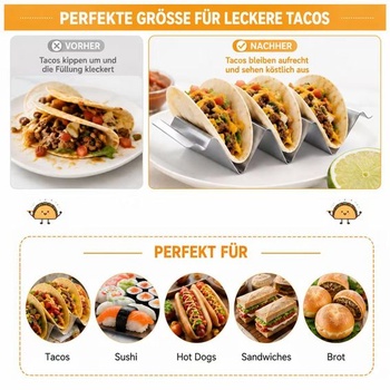 Držáky na tacos, 6 kusů, nerezová ocel – vlnitý tvar s rukojeťmi