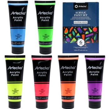 Artecho Akrylové barvy svítící ve tmě (balení 6 ks) 120 ml, Voděodolné a světlostálé,