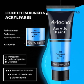 Artecho Akrylové barvy svítící ve tmě (balení 6 ks) 120 ml, Voděodolné a světlostálé,