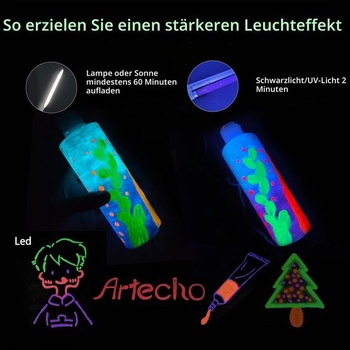 Artecho Akrylové barvy svítící ve tmě (balení 6 ks) 120 ml, Voděodolné a světlostálé,