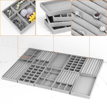 QWORK® 10-dielny stohovateľný zamatový organizér na šperky - 21x12x2,5 cm - zásuvková vložka na