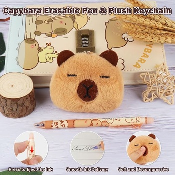 Kapybarín denník so zámkom a kľúčom, dievčenské a chlapčenský denník s kódom | s mazateľným perom, kľúčenka