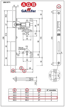 Zámek do zárubně pro interiérové dveře, řada AGB, patent GRANDE. Vchod 50, rozvor 90. (Můstek 18